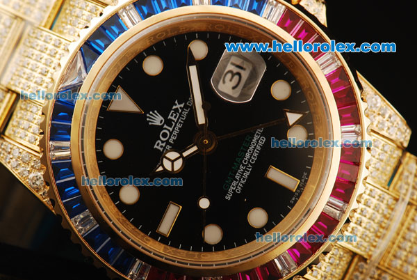 Rolex GMT-Master II Swiss ETA 2836 Automatic Movement Diamond Case and Strap with Black Dial and Diamond Bezel - Click Image to Close